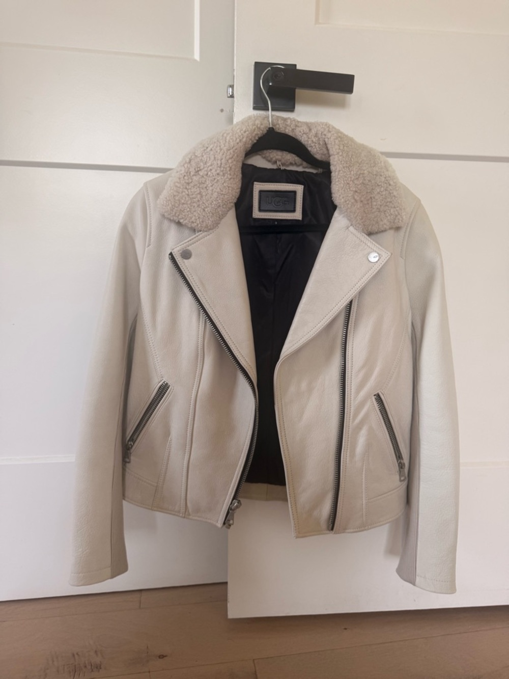 UGG Cream Leather Shearling-Collar Moto Jacket